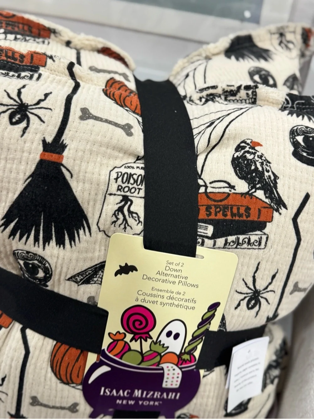 Isaac Mizrahi Halloween Print Decorative Pillow Set 2- Cream, Black, Orange